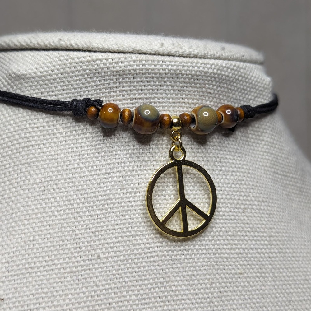 Gold Brown Peace Sign Ceramic Beaded Boho Hippie Cord Choker Stacking Necklace - Picture 2 of 3